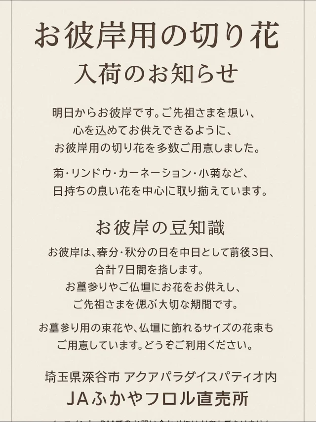 🌸 お彼岸用の切り花 入荷のお知らせ 🌸

明日からお彼岸です。
ご先祖さまを想い、心を込めてお供えできるように、
お彼岸用の切り花 を多数ご用意しました。

菊・リンドウ・カーネーション・小菊など、
日持ちの良い花を中心に取り揃えています。

－－－－－－－－－－－－－
🕊️ お彼岸の豆知識 🕊️
お彼岸は、春分・秋分の日を中日として前後3日、
合計7日間を指します。
お墓参りやご仏壇にお花をお供えし、
ご先祖さまを偲ぶ大切な期間です。
－－－－－－－－－－－－－

お墓参り用の束花や、仏壇に飾れるサイズの花束もご用意しています。
どうぞご利用ください。

📍埼玉県深谷市 アクアパラダイスパティオ内
JAふかやフロル直売所

⚠️ コメント・DMでのお問い合わせには対応しておりません。
ご質問は営業時間内にお電話ください📞

#JAふかや #JAふかやフロル直売所 #深谷市 #直売所
#お彼岸 #切り花 #仏花 #お供え花 #季節の花
#花のある暮らし #ご先祖さまに感謝